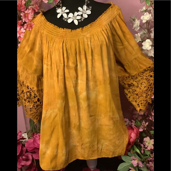 🌻NWT 1X INDIGO THREAD HARVEST GOLD LACE TRIM SLEEVE TOP - Picture 9 of 13